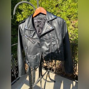 Black Zara zip leather jacket with zip sleeves